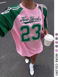 Women's Colorblock T-Shirt, Baseball Sleeve, Loose Fit, Casual Street Style, Vintage, Comfortable, Spring Summer
