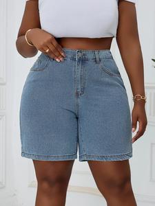 【 Plus Size】 Denim Shorts, Button Fly Shorts, Plus Casual Slim Basic Fashionable Shorts for Daily Outdoor Wear, Women Plus Clothing for Summer, Womenswear, Clothe