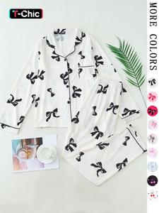 Coquette Aesthetic Bow Print Pajama Set, Chic French Style Button Down PJs, Soft Fitted 2-Piece Long Sleeves Loungewear for Women, Trendy Ribbon Indoor Sleepwear, Outfit, Perfect Bridal Party & Gift PJ Set, Womenswear