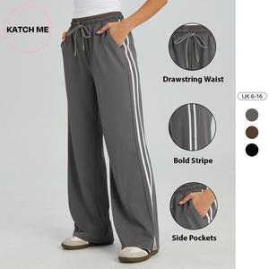 Katch Me Look Women's Casual High Waist Striped Wide Leg Trousers, Sporty Drawstring Waist Side Pocket Outfit, Minimalist Versatile Women's Bottom