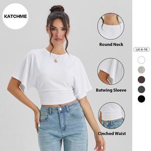 Katch Me Look Women's Leisure Solid Color Batwing Sleeve Cinched Waist Soft Top, Minimalist Crewneck Top for Lady, Wide Sleeve T-Shirt for Daily Streetwear