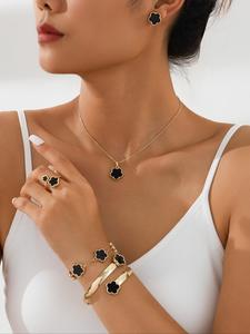 Flower Design (6pcs), Including 1pc Necklace & 2pc Bracelet & 1pc Ring & 1 Pair Earring for Women & Girls, Simple Jewelry Set, Trendy Jewelry Set, Fashionable Jewelry Set, Valentine's Day Gift