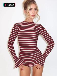 Women's Fashion Striped Long Sleeve Top + Trendy Shorts Set, Comfortable Casual Style Spring & Fall, Daily Wear