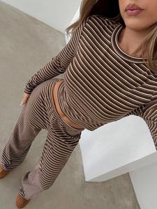 Trending Striped Two Piece Loungewear Set Women's Casual Homewear Crew Neck Long Sleeve Tee & Loose Straight Leg Pants Perfect For Daily Wear Sports Autumn Winter outfit