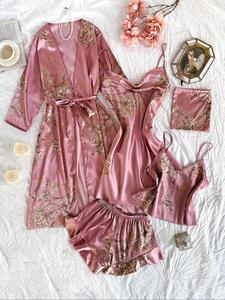 Two-Piece Set Women's Plants Print Satin Pyjama, Belted Robe & Cowl Neck Cami Night Dress & Backless Cami Top & Elastic Waist Shorts & Storage Bag Set, Casual Comfortable Sleepwear for Women