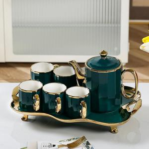 Ceramic Tea Set, 8 Counts/set Including Tea Pot & Tea Cups & Tray, Household Tea Set for Home Living Room Dining Room, Kitchenware