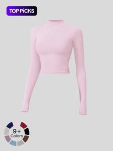Women's Solid Mock Neck Sports Tee, Quick Drying Breathable Long Sleeve T-shirt for Yoga Gym Workout, Ladies Sportswear for Fall & Winter
