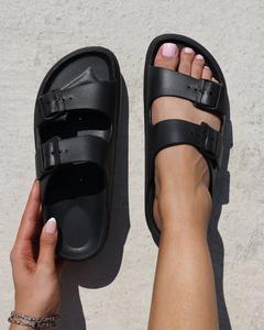 SIMMI Samantha Exclusive Black Women's Flat Slip on Footbed Slides - Wide Feet Friendly Summer style Holiday shoes
