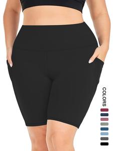 Plus Size Summer Solid Basic Pocket High Waist Short Leggings for Women, Women's Summer Clothes, Minimalist Casual Comfortable Breathable High Stretch Seamless Skinny Shorts for Daily Wear, Plus Size Women Fashion, Lady's Bottoms, Womenswear