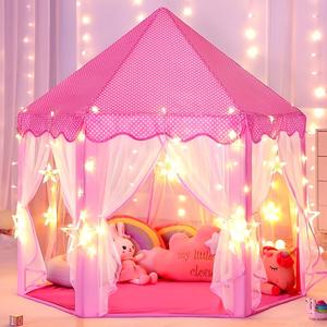 Foldable Princess Tent with 20 Star Lights, Portable Indoor & Outdoor Play Tent, Kids Game Tent, Sleeping Tent, Castle Toy, Gift for Girls (You Need To Bring 3 Aa Batteries), Playroom, Outdoor Playhouse