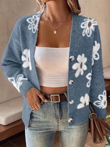 Women's Floral Pattern Button Front Knitting Cardigan, Chic Elegant Drop Shoulder Long Sleeve V Neck Cardigan, Women Knitwear for Fall & Winter