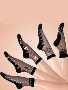 Women's 5 Pairs Floral Print Contrast Mesh Crew Socks Summer Clothes, Fashion Mid-calf Socks for Summer, Breathable Comfy Socks for Daily Wear