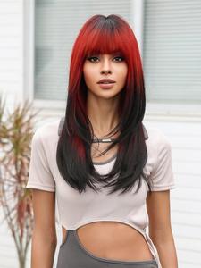 Women's Ombre Red to Black Straight Synthetic Full Machine Wigs As Perfect Valentine's Day Gift for Girlfriend, Striking Fluffy Gorgeous Synthetic Full Machine Wigs with Bangs for Lovers Day Decor for Party, Cosplay