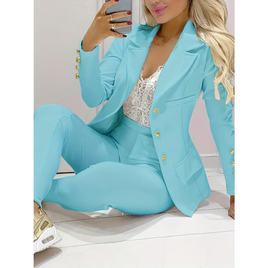 Business Casual Two-piece Set, Double-breasted Lapel Blazer & Slim Pants Outfits, Women's Clothing