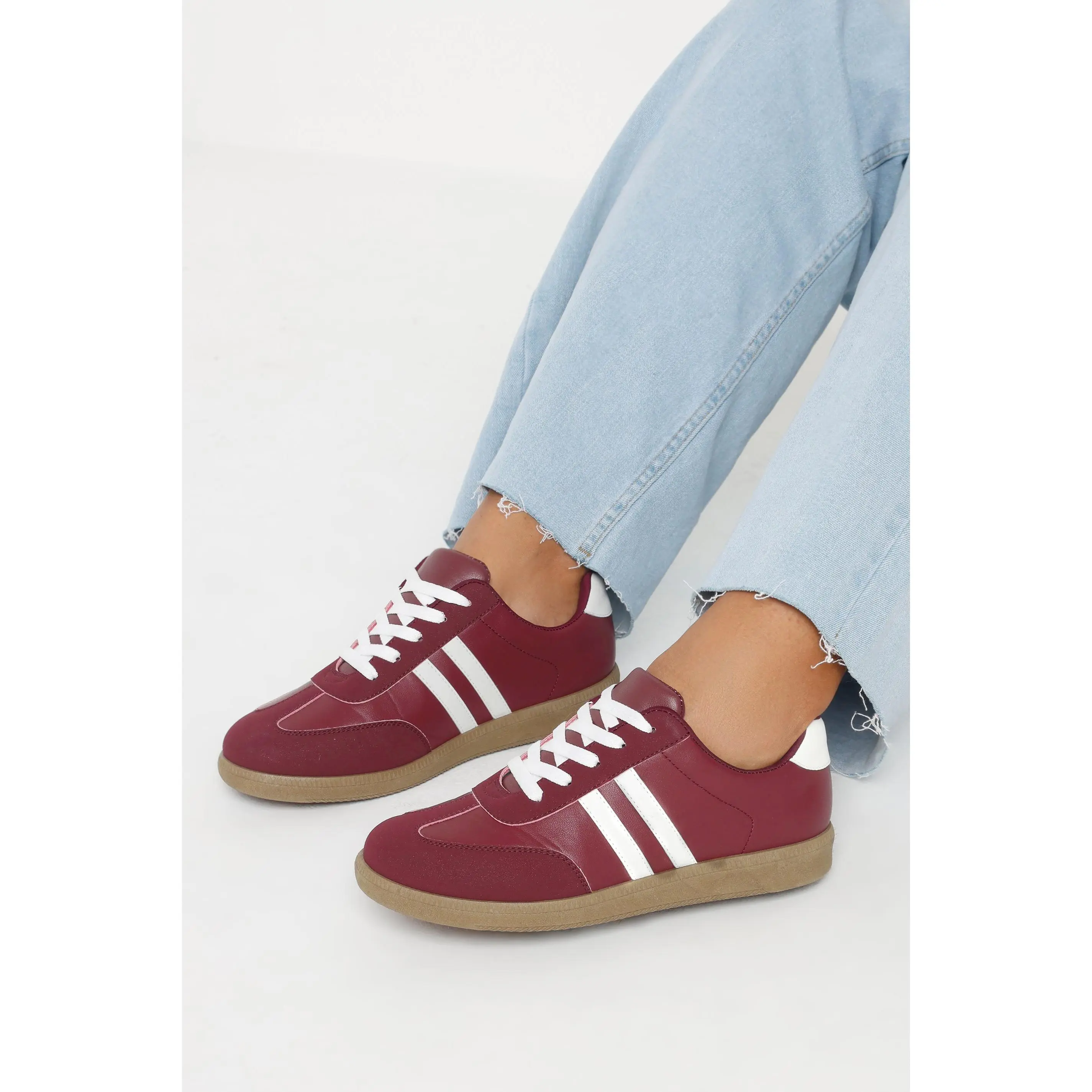 Burgundy Red Retro Stripe Trainers In Extra Wide EEE Fit