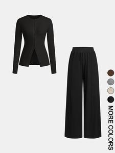 Women's Solid Color Button Front Top & Wide Leg Pants, Casual Two-piece Set for Daily Wear, Ladies Clothes for All Seasons