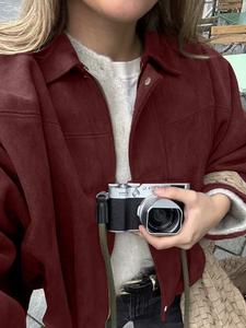 Women's Suede Pilot Jacket Coat, Bomber Style Streetwear, Spring & Fall Casual, Long Sleeve Fitted Design, Plain Pattern