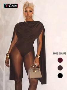 Women's Solid Color Bodysuit, Fitted Fashion Minimalist Casual Cowl Neck Bodycon Bodysuit for Nightlife, Women's Clothes for Summer, Womenswear