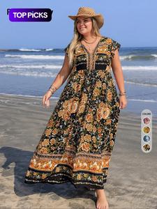 【plus Size】 Floral Print V Neck Maxi Dress, Boho Fashion Casual Short Sleeve Dress for Daily Holiday Vacation Wear, Bohemian Women Clothing for All Seasons