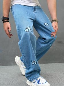 Men's Butterfly Embroidery Straight Leg Jeans, Loose Casual Comfy Denim Pants for Daily Wear, Fashion Men's Bottoms for All Seasons, Cotton, Menswear, Cute Jeans