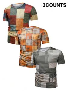 Men's Patchwork Print Short Sleeve Tee, Regular Fit Casual Fashion Round Neck T-shirt for Summer, Men's Top for Daily Wear