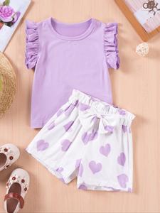 Two-Piece Set Toddler Girl's Heart Print Short Sleeve Tee & Bow Decor Shorts, Cute Casual Round Neck T-shirt & Shorts for Daily Wear, Kids Summer Clothes