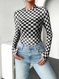 Women's & Chessboard Pattern Mesh Long Sleeve Top, Thin Sun Protection Sexy Blouse, Casual Summer Fashion Tee