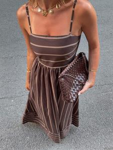 Women's Striped Print Casual Vacation Tank Dress, Colorblock High Waist A-Line Long Skirt, Strap Dress, French Vintage Slim Fit