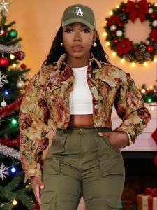 Women's Floral Print Button Front Crop Jacket, Casual Long Sleeve Collared Outerwear for Fall & Winter, Ladies Clothes for Daily Wear