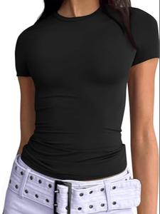 Women's Solid Round Neck Lounge Tee, Casual Comfy Short Sleeve T-shirt for Daily Wear, Ladies Basic Tshirt Top for Indoor Outdoor Wear, Clothes for Women