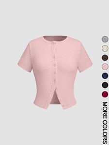 Women's Plain Button Front Crop Tee, Casual Short Sleeve T-shirt for Daily Wear, Ladies Clothes for All Seasons, Womenswear Tshirt