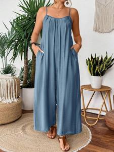 【Plus Size】All Over Print / Solid Color Cami Jumpsuit, Lady Casual Comfy Basic Jumpsuit for Daily Wear, Minimalist Women's Plus Clothing for All Seasons, Womenswear, Casual Fashion Overalls, Clothes for Women, Summer Jumpsuit