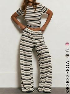 Women's 2pcs  Striped Crop Top & Wide-Leg Pants Set , Gradient Stripe Pattern & Slim-Fit Short-Sleeve Silhouette & Cropped Length & Elastic Waistband & Flowy Oversized Wide-Leg Pants, Striped Lounge Set