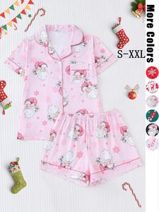 【Christmas】Two-Piece Set Women's Christmas All Over Cartoon Print Pajama Set, Casual Comfy Crew Neck Short Sleeve Top & Elastic Waist Shorts PJ Set, Ladies Sleepwear for All Seasons