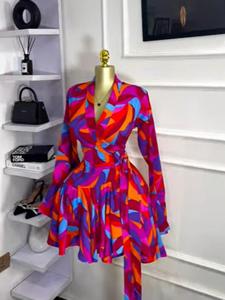 PULKRITU Women's Tie-Dye Print Flare Long Sleeve Dress, V-Neck Bow Hem, Fall Winter Wear, Elegant Vacation Party Birthday Dress