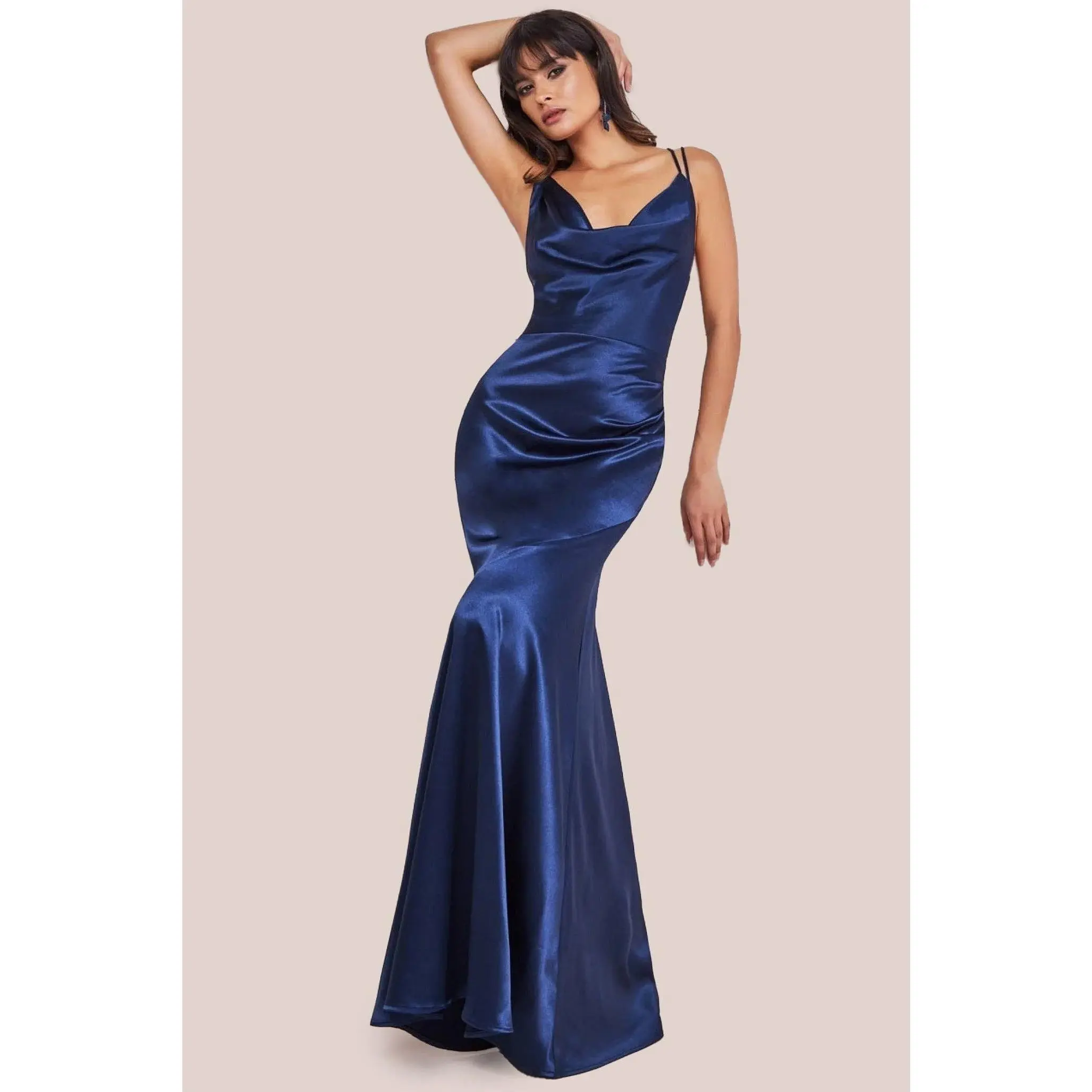 Goddiva Cowl Neck With Strappy Back Satin Maxi - Navy