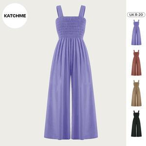 KatchMe Women's Elegant Solid Color Thick Strap Ruched Pocket Wide Leg Jumpsuit（A）,Sleeveless Tank,Versatile Stretchy Womenswear,Womens Wide Leg Romper