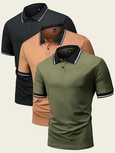 Men's Striped Trim Print Button Front Half Placket Polo Shirt, Summer Clothes, Casual Soft Comfy Short Sleeve Collared Top, Summer Outfits 2024, Men's Clothes for Daily Wear