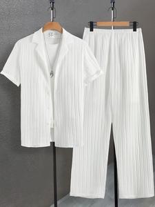 Men's Plain Textured Loungewear Set, Casual Button Front Shirt & Elastic Waist Pants without Tee & Necklace, Men's Sleepwear for All Seasons