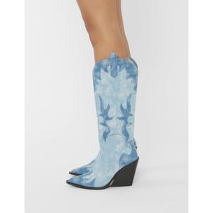 Underwood Mixed Denim Western Cowboy Block Heel Knee High Boots