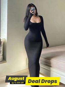 Women's Solid Color Tight Sleeve Bodycon Dress, Elegant Casual Scoop Neck Long Dress for Spring & Fall, Women's Clothing for Daily Wear