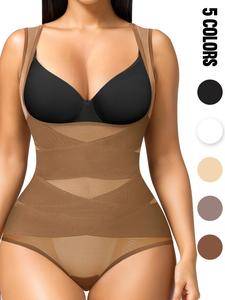 Women's Solid Color Open Bust Adjustable Hook & Eye Closure Crotch Shapewear Bodysuit, Breathable Comfortable Tummy Control High Waist Shaping Push Up Chest Shaper Bodysuit, High Waisted Shapewear Mesh Shapewear Bodysuit