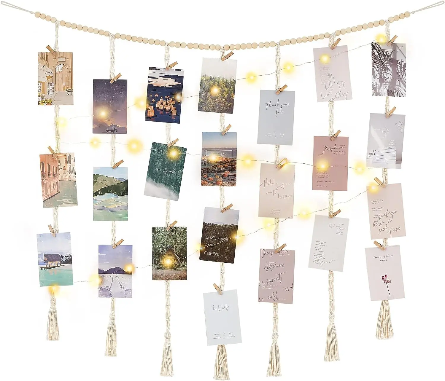 [NEW] Macrame Hanging Photo Display Wall Decor with String Lights, Boho Wooden Beads Garland Collage Picture Card Frame Holder with 45 Clips for Bedroom Living Room Dorm, Teen Girls Christmas Gifts