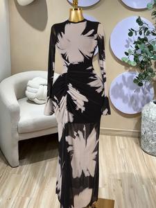 PULKRITU Elegant Women's Printed Long Sleeves O-Neck Tiered Bodycon Long Prom Dress, Fashion Street Vacation Party Outfit Evening Gown, Lady Casual Dresses,Female Brunch Dresses,Graduation Dress,