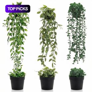 Fake Plants Artificial Indoor Hanging Eucalyptus Decor, Decorative Fake Plant, 3 Pots for Home Bathroom Cottage Room Shelf, Plastic Material