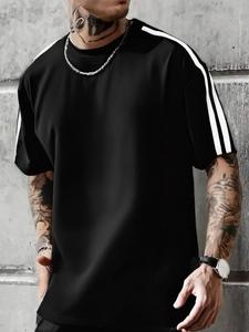 Men's Solid Color Adidas Striped Trim Tee, Loose Casual Fashion Round Neck Short Sleeve T-shirt for Summer, Men's Top for Daily Wear