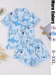 Women's All Over Animal Print Crop Shirt & Elastic Waist Shorts Pyjama Two-piece Set, Casual Comfy Short Sleeve Top & Shorts Pj Set, Ladies Sleepwear & Loungewear for All Seasons