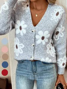 Plus Size Floral Print Button Front Cardigan, Casual Drop Shoulder  V Neck Knitwear for Fall & Winter, Women's Plus Clothing for Daily Wear