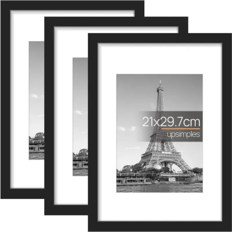 3 Pack A4 Picture Frame with Stand - Landscape or Portrait Orientation - Black - Photo, Decor