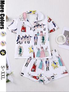 Hamilton Musical Print Women's Pajama Set, Short Sleeve Shirt Collar Button Soft Top & Elastic Shorts, Casual Home Wear